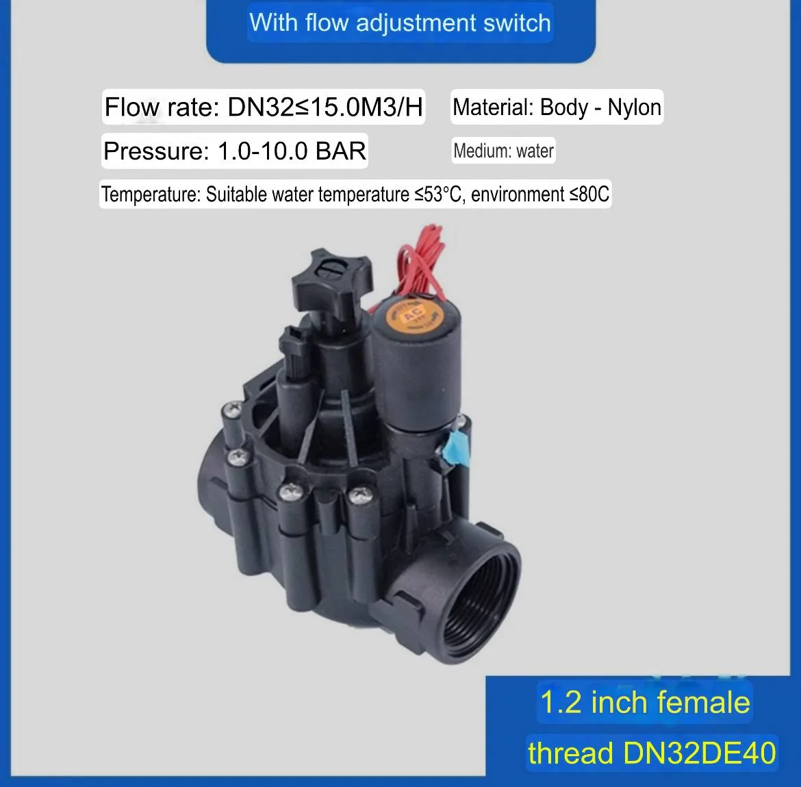 DN32 nylon irrigation solenoid valve with flow control