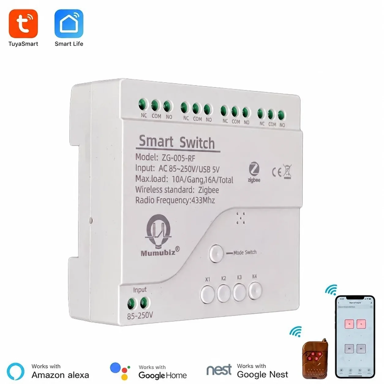 Mumubiz ZG-005-RF four-channel Zigbee relay