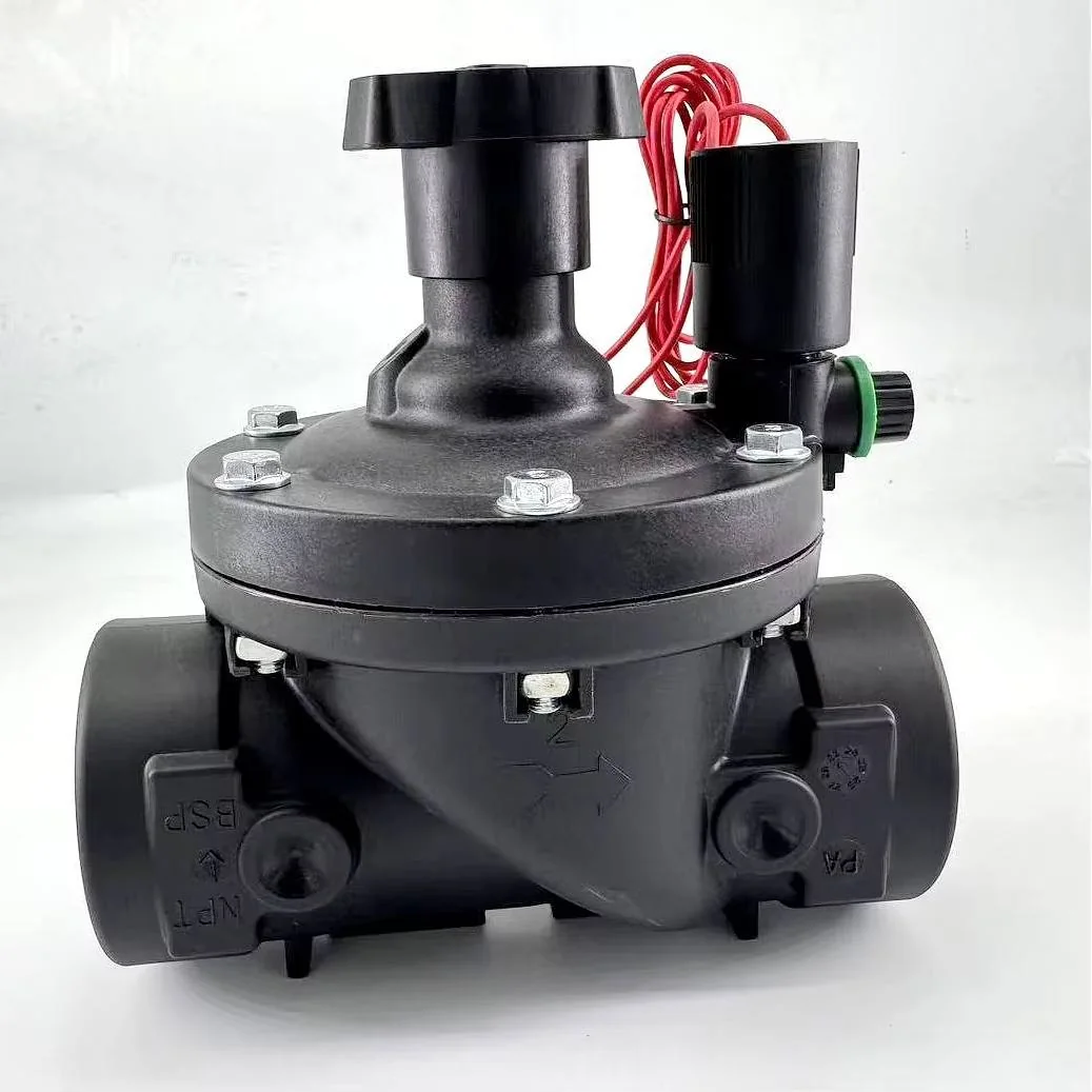 Large plastic diaphragm irrigation valve with flow control